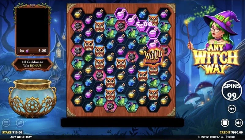 Any Witch Way - kazan ve 9×8 ızgara ile oyun ekranı